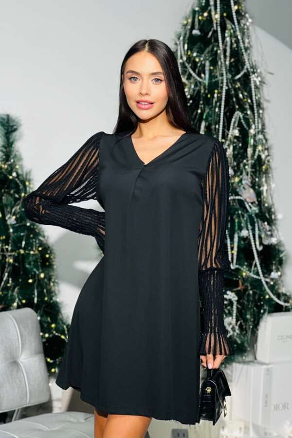 Класическа черна рокля с прозрачни ръкави R1155 - Image 5