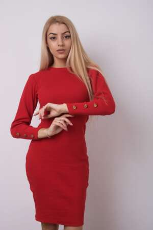 Елегантна червенa  рокля с копчета R1169