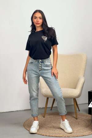 Дънки Mom Fit с висока талия и копчета  DP248