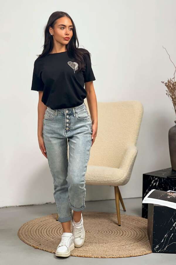 Дънки Mom Fit с висока талия и копчета DP249 - Image 3