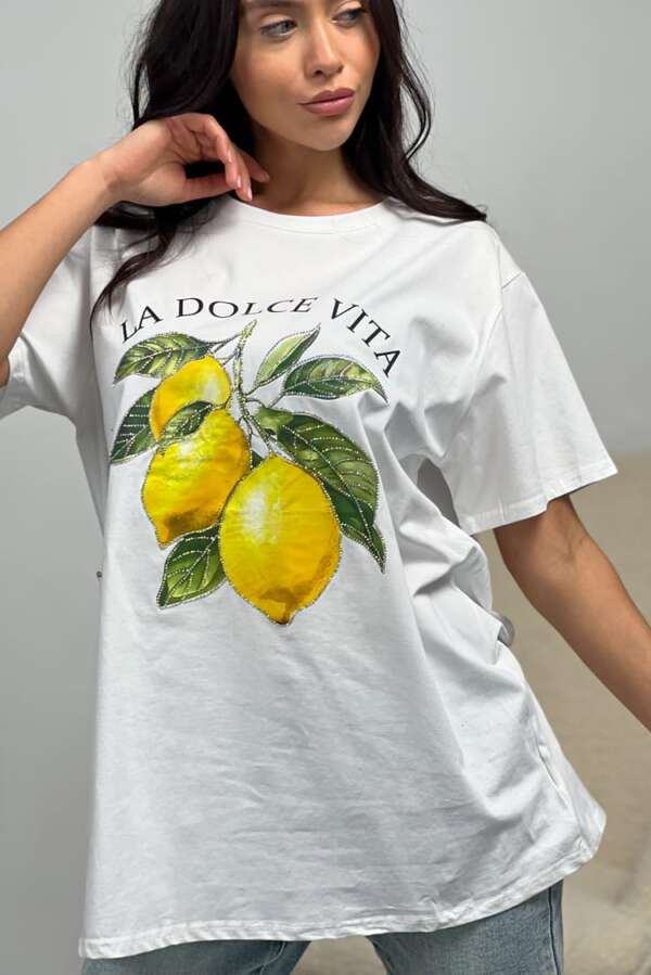 Бяла тениска "La Dolce Vita" с  лимони B429 - Image 3