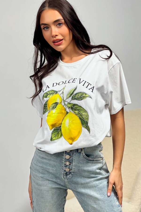 Бяла тениска "La Dolce Vita" с  лимони B429