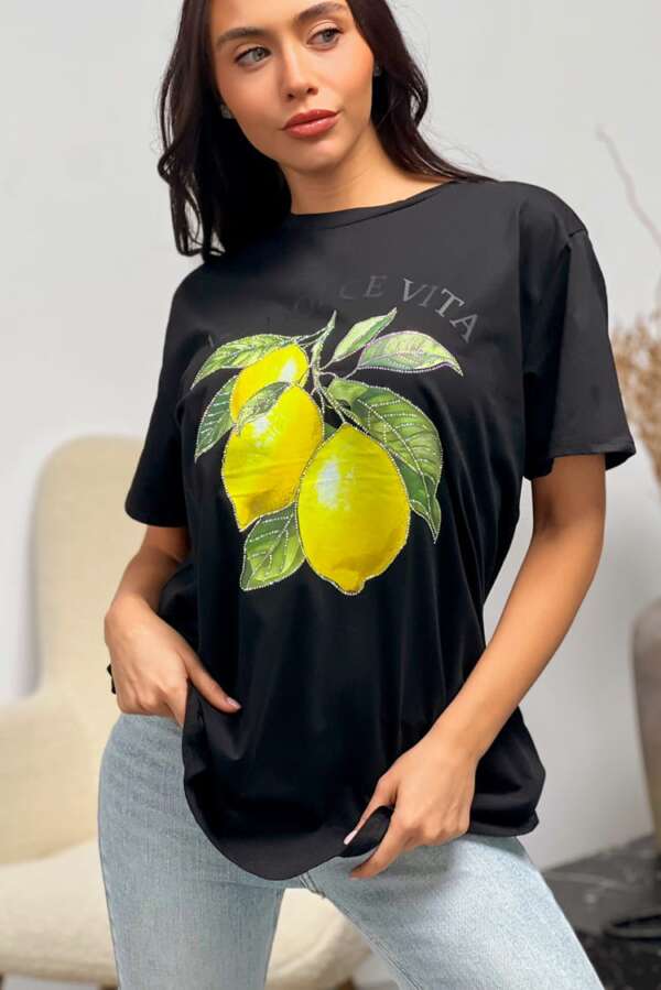 Черна тениска "La Dolce Vita" с лимони B428 - Image 4